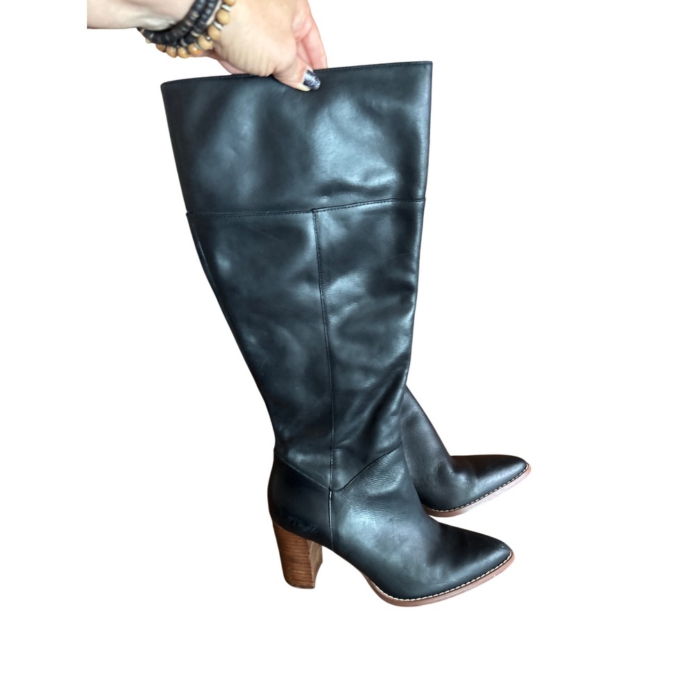 Crown Vintage Tall Leather Boots Womens 7M Black Block Heel Pointed